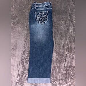 Earl Jean Women's Cropped Jeans Blue Denim Embroidered Rhinestone Size 10